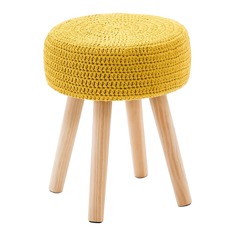 Wimarsbon Pouf Ottoman, 100% Cotton Knitted Boho Footstool, Round Footrest with Non-Skid Wood Legs, Home Décor Handmade Pouffe, Leisure Floor Step Stool for Living Room (Beige)