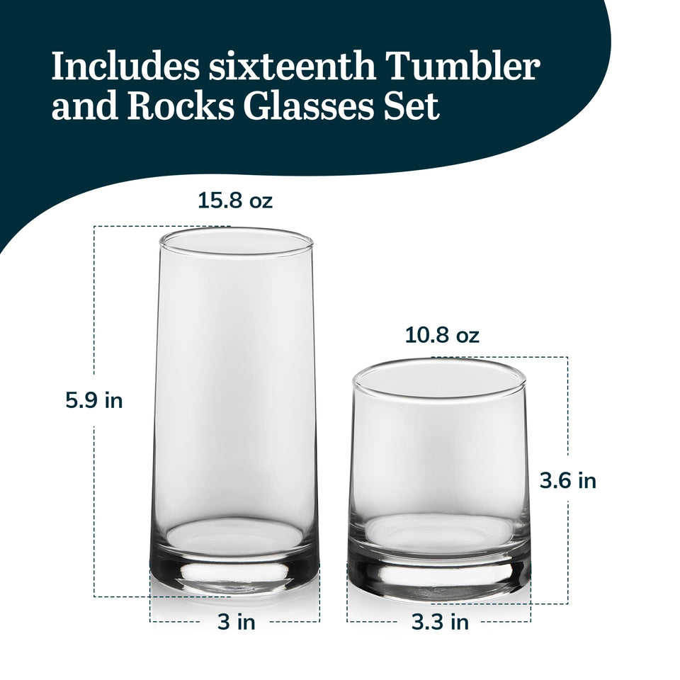 Libbey Ascent Tumbler and Rocks Drinking Glasses Set of 16, Glass Drinking Glasses with Curvature, Versatile Glassware Set for Parties and More