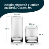 Libbey Ascent Tumbler and Rocks Drinking Glasses Set of 16, Glass Drinking Glasses with Curvature, Versatile Glassware Set for Parties and More