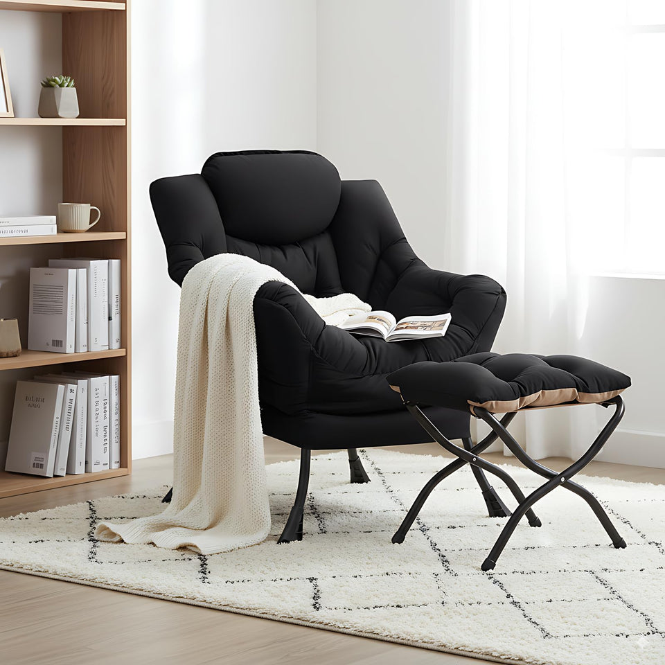 LITA Lazy Chair with Ottoman, Modern Accent Leisure Upholstered Lazy Sofa Armchair, Contemporary Lounge Reading Chair with Armrests and a Side Pocket for Living Room, Bedroom & Small Space, Dark Grey