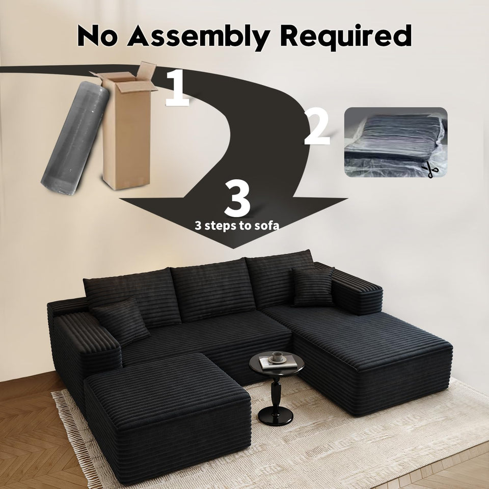 135.4" Cloud Modular Sectional Couch with 1 Ottoman,Modern Minimalist Upholstered Couches, Comfort U Shaped Sofa for Living Room,Deep Seat Corner Couch，No Assembly Required (Black,Left Facing Chaise)