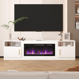 Lemberi Fireplace tv Stand with 36 inch Fireplace Up to 90" TVs, LED Light Entertainment Center and Storage, 80" Modern Wood Media TV Console with Highlight Cabinet for Living Room (White)