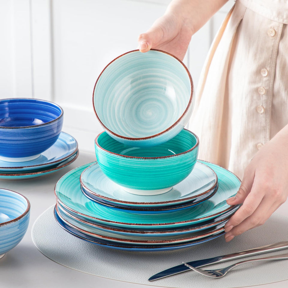 vancasso Bonita Dinnerware Set 24 Pieces Blue Stoneware Service for 6, Handpainted Spirals Pattern Stoneware Combination Set