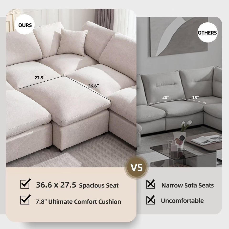Siiejia Modular Sectional Sofa Modern Oversized Cloud Couch with Movable Ottoman 7 Seater L-Shaped Sofas Comfy Couches for Living Room Spacious Space Office Lounge, Beige