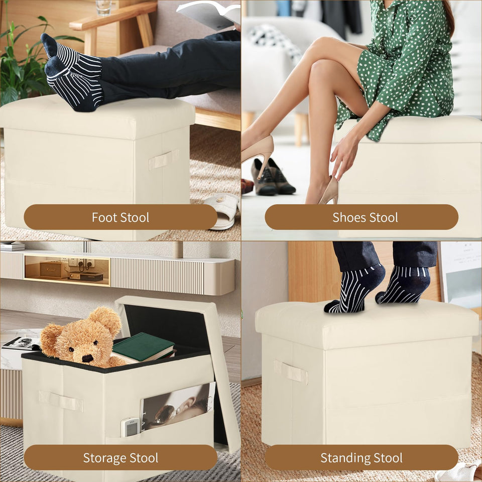 Storage Ottoman Foot Rest Stool, Foldable Leather Footstool Storage Bench with Thicker Foam Padded Seat. Foot Rest Under Desk for Living Room Bedroom 350 lbs, 17x13x13 in, Brown