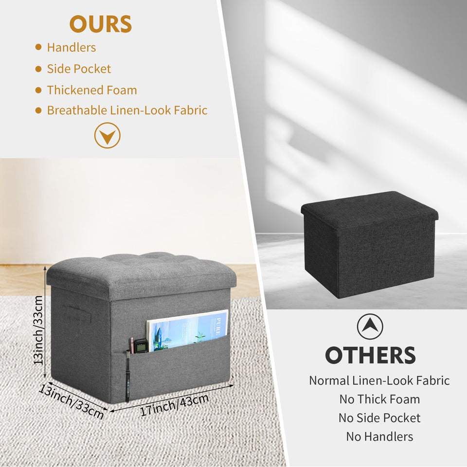 Storage Ottoman with Extra Thick Foam Padded Seat, Foldable Foot Rest Stool with Linen Fabric, 43L Ottoman with Storage Bench for Bedroom Living Room, Holds Up to 300lbs, 17x13x13in, Dark Gray