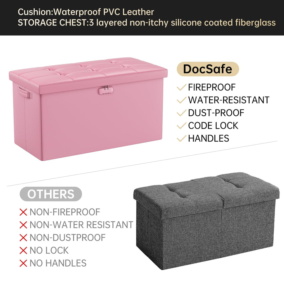 DocSafe Storage Ottoman with Lock,Fireproof Folding Ottoman Foot Rest Stool Storage Chest with Storage Safe for Important Documents,Waterproof 17 Inches Short Ottoman Foot Stool with Handles,Black