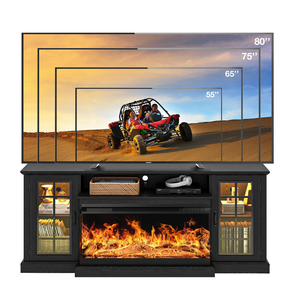 oneinmil 36 Inch 3-Sided Glass Fireplace TV Stand for TVs up to 80", Rustic Media Entertainment Center Console Table with Glass Door Closed Storage, Set of TV Table, White