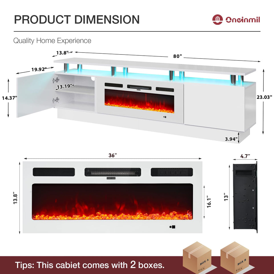 OneBlis 70" TV Stand for Living Room, Modern Entertainment Center & Media Console, Fits TVs up to 80", Storage Cabinet with Shelves, 36" Electric Fireplace with LED Flame (All Black)
