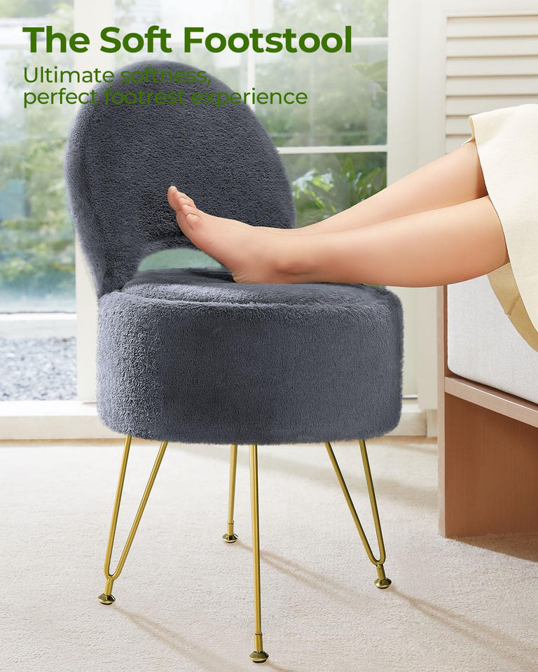 GREENSTELL Small Vanity Stool Chair with Storage and Folding Back, 13" x 13" x 17.7" Faux Fur Soft Ottoman for Teenager, 4 Metal Legs with Anti-Slip Feet, Furry Padded Seat for Makeup, Bedroom, White