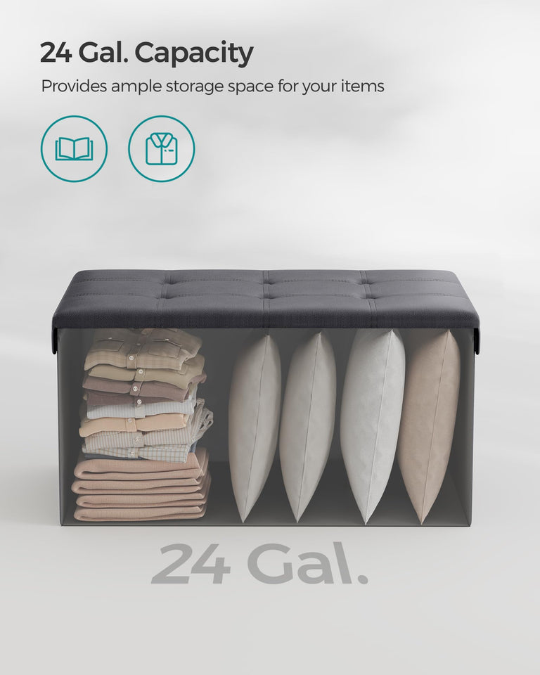 SONGMICS MAZIE Collection - 43 Inches Folding Storage Ottoman Bench, Ottoman with Storage, Foot Rest Stool, Load 660 lb, for Living Room, Synthetic Leather, Black ULSF701