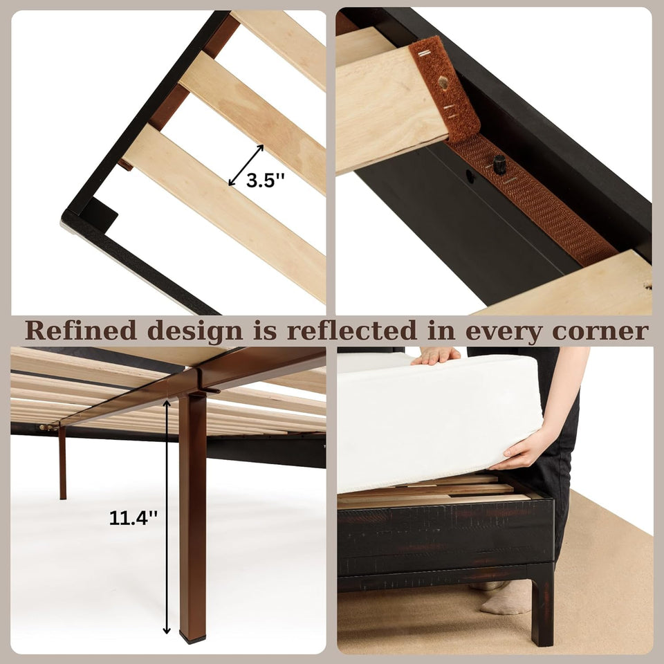 Bme Vivian 14 Inch Deluxe Bed Frame with Headboard, Rustic & Scandinavian Style with Solid Acacia Wood, No Box Spring Needed, 12 Strong Wood Slat Support, Easy Assembly, King, Rustic Golden Brown