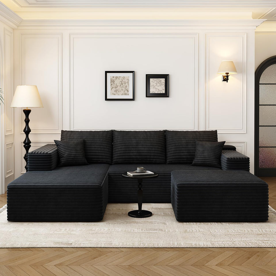 135.4" Cloud Modular Sectional Couch with 1 Ottoman,Modern Minimalist Upholstered Couches, Comfort U Shaped Sofa for Living Room,Deep Seat Corner Couch，No Assembly Required (Black,Left Facing Chaise)