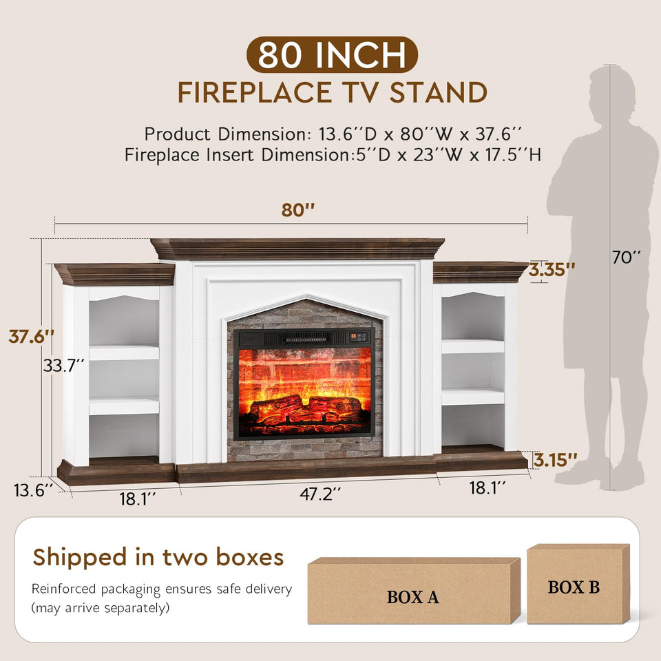 LGHM 72" Electric Fireplace with Mantel, Fireplace TV Stand for TVs Up to 80 Inch, Modern Entertainment Center with Storage, Realistic Stacked Stone Surround with Remote Control for Living Room