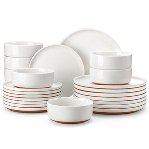 MALACASA Plates and Bowls Sets, 24 Pieces Modern Ceramic Dinnerware Set for 8 Kitchen Stoneware Dishes Dishware Set Microwave and Dishwasher Safe, White, Series TARA