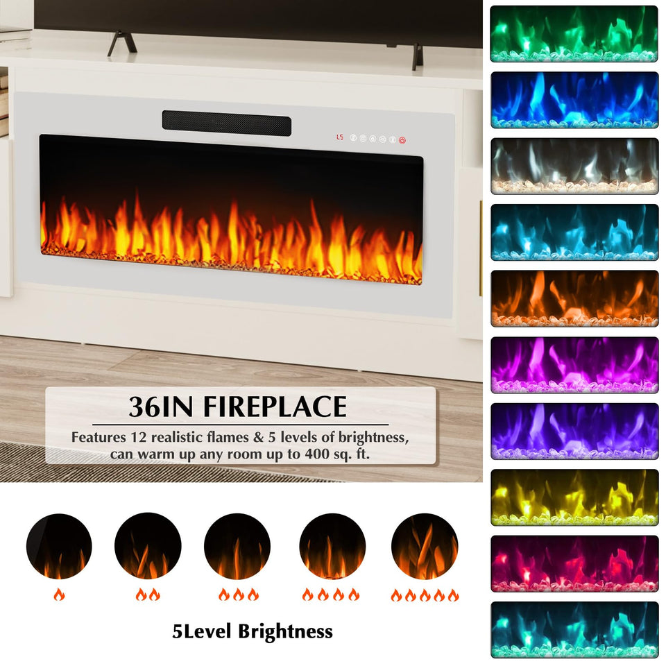 Lemberi Fireplace tv Stand with 36 inch Fireplace Up to 90" TVs, LED Light Entertainment Center and Storage, 80" Modern Wood Media TV Console with Highlight Cabinet for Living Room (White)