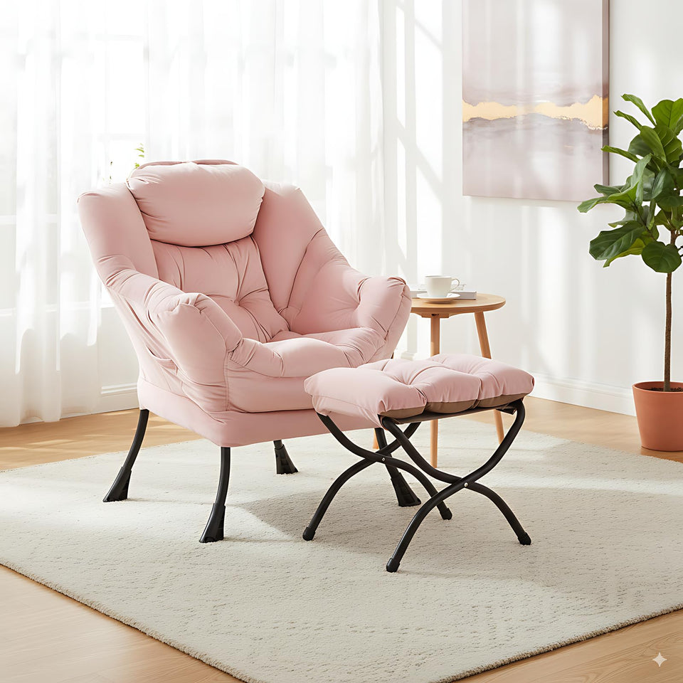 LITA Lazy Chair with Ottoman, Modern Accent Leisure Upholstered Lazy Sofa Armchair, Contemporary Lounge Reading Chair with Armrests and a Side Pocket for Living Room, Bedroom & Small Space, Dark Grey