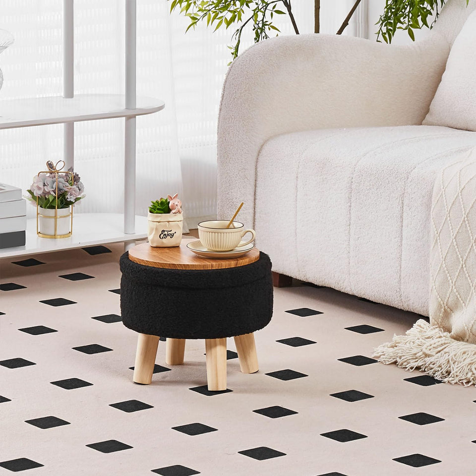 Wimarsbon Storage Ottoman, Modern Round Footrest with Soft Padded Seat, Teddy Velvet Footstool with Wood Legs, Accent Small Table or Plant Stand for Hallway, Living Room (Cream)