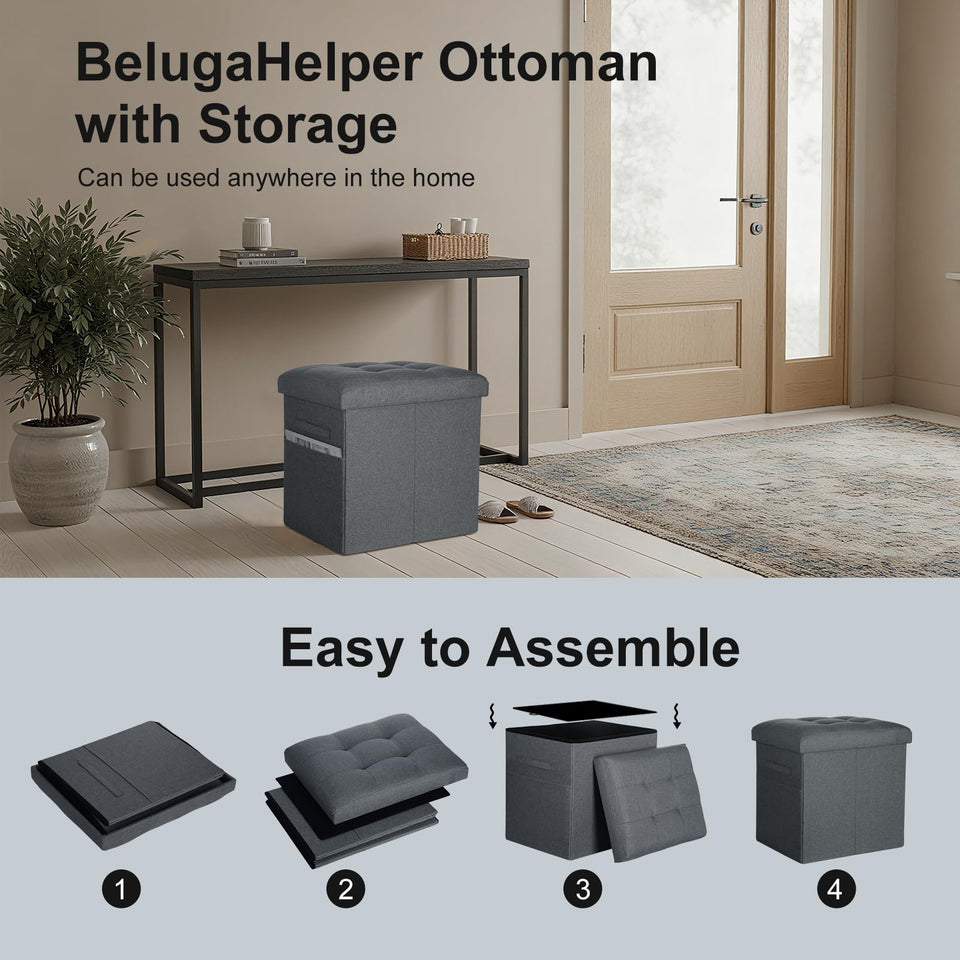 Storage Ottoman with Extra Thick Foam Padded Seat, Foldable Foot Rest Stool with Linen Fabric, 43L Ottoman with Storage Bench for Bedroom Living Room, Holds Up to 300lbs, 17x13x13in, Dark Gray