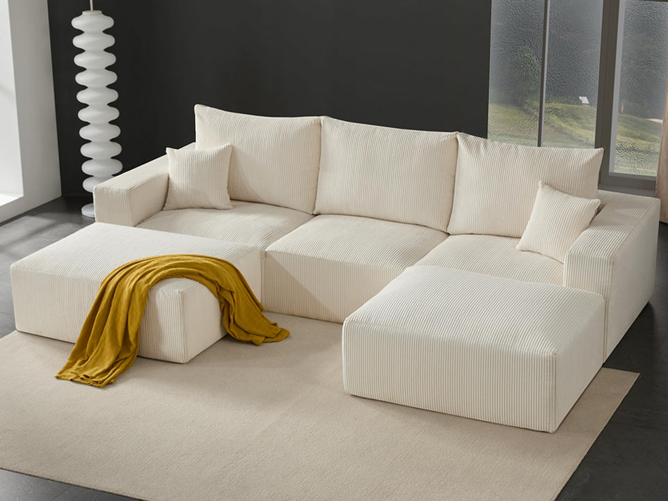 Boneless Sectional Cloud Couch Sofa for Living Room, 112" U-Shaped Modular Modern Lounge Sleeper Black Couches with Chaise, No Assemble, Cordury Compression Upholstered Sofas