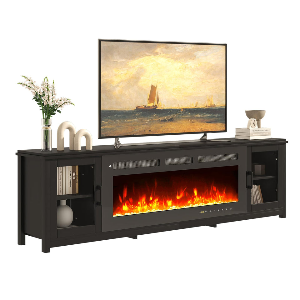 oneinmil 80" Fireplace TV Stand, 50 Inch Electric Fireplace & Modern Entertainment Center, TV Console with Adjustable Shelf & Glass Door for TVs Up to 90", Fire Place TV Stands for Living Room, Black
