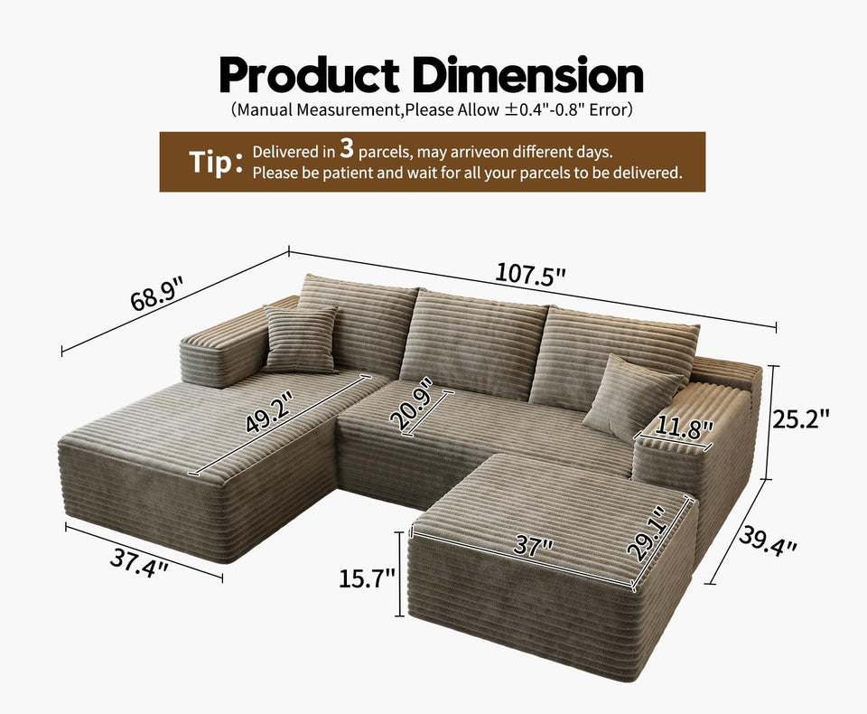 135.4" Cloud Modular Sectional Couch with 1 Ottoman,Modern Minimalist Upholstered Couches, Comfort U Shaped Sofa for Living Room,Deep Seat Corner Couch，No Assembly Required (Black,Left Facing Chaise)