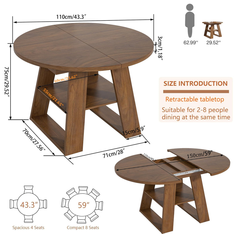 43.3in-59in Extendable Round Dining Table for 4-8,Modern Kitchen Oval Dining Table with Removable Leaves Space Saving,Wood Base with Storage Shelf for Kitchen Living Room (Walnut)