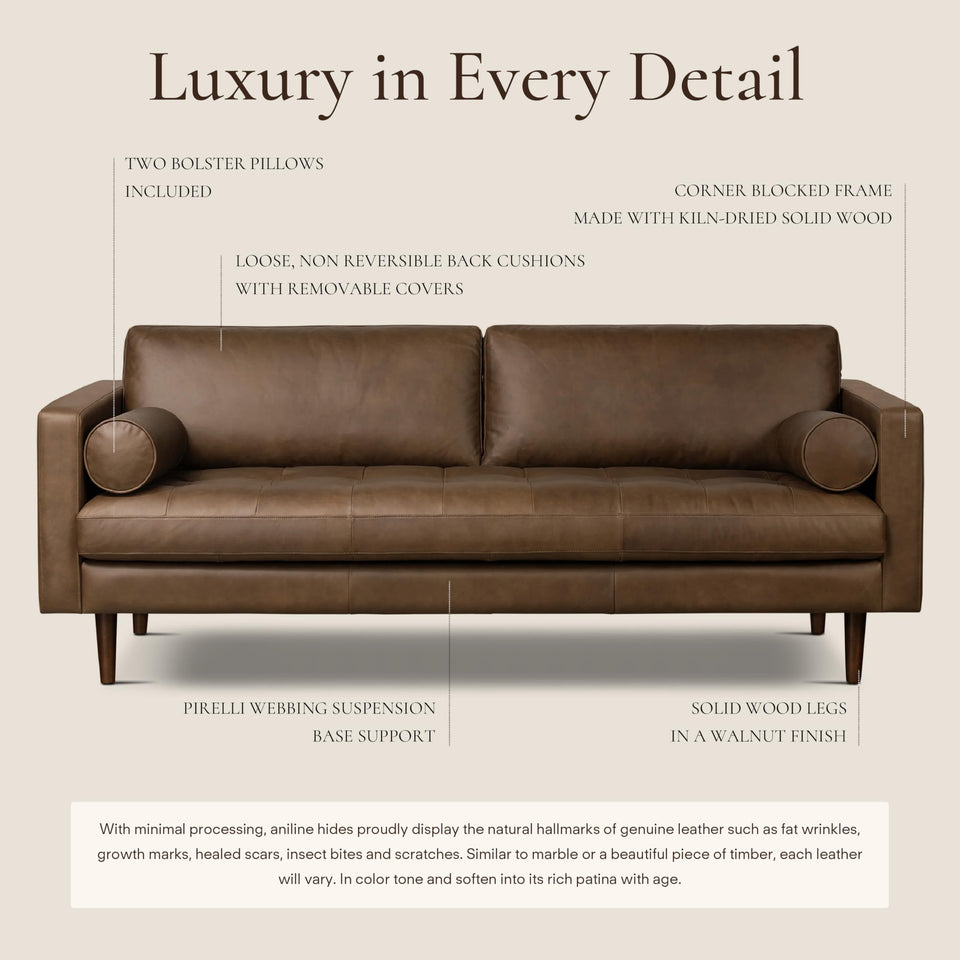 POLY & BARK Napa 72" Apartment Sofa – Italian-Tanned Full-Grain Pure-Aniline or Semi-Aniline Leather, Feather-Down Cushioning, Kiln-Dried Solid Wood Frame, Walnut Legs - Cognac Tan