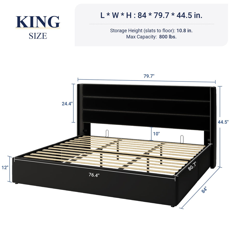 Allewie King Size Lift Up Storage Bed, Modern Wingback Headboard, Hydraulic Support, No Box Spring Needed, Light Beige