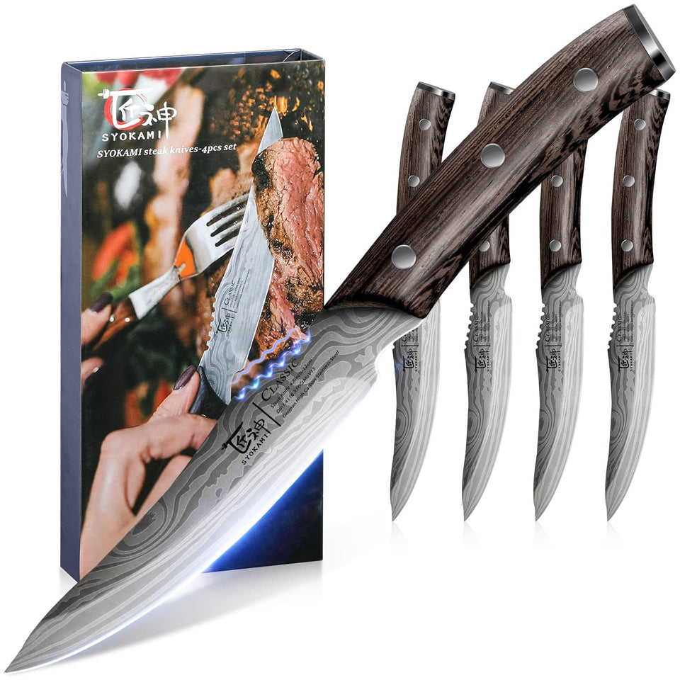 SYOKAMI Steak Knives Set of 8, 4.8 Inch High-Carbon Japanese Stainless Steel Non-serrated Steak Knife with Wood Handle, Damascus Pattern Full Tang Design, Razor-Sharp Dinner Knives with Gift Box