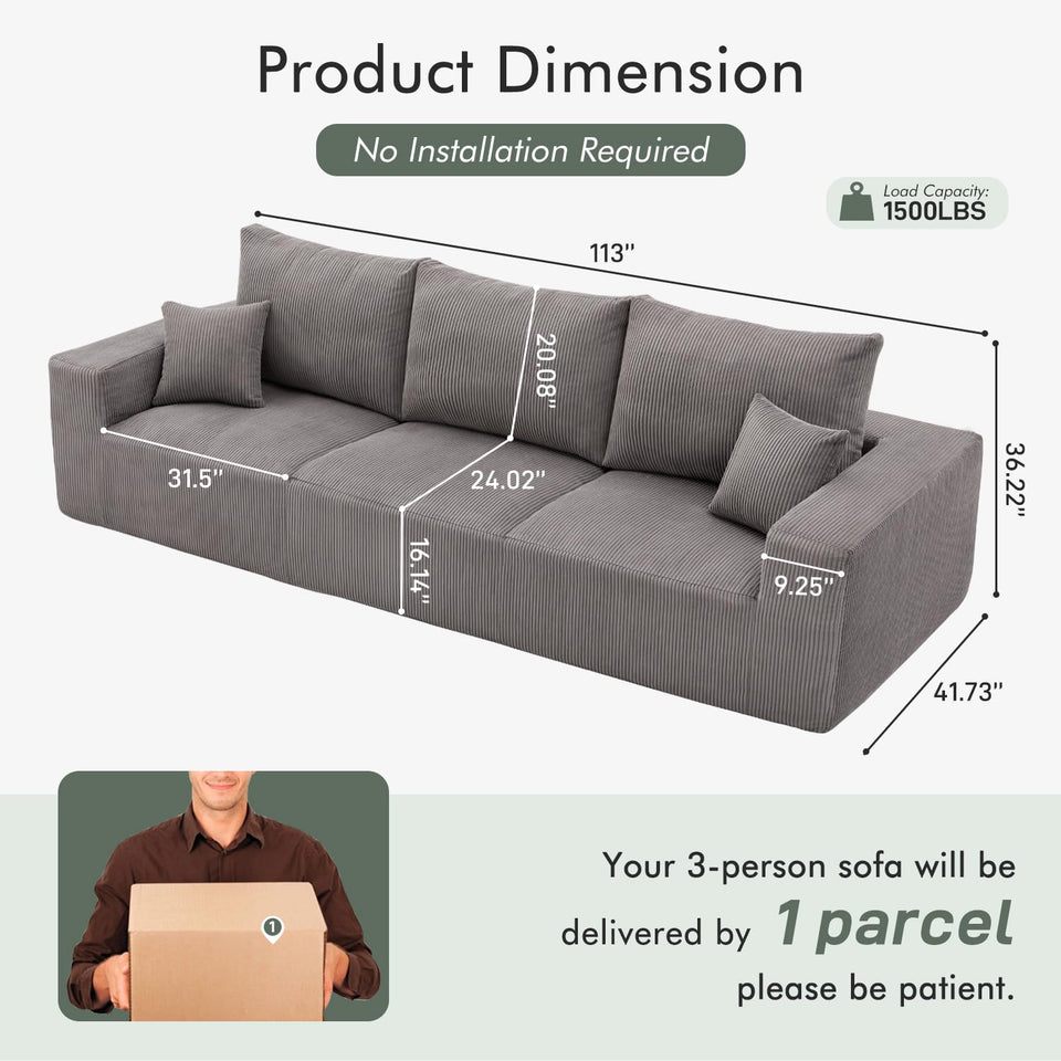 Boneless Sectional Cloud Couch Sofa for Living Room, 112" U-Shaped Modular Modern Lounge Sleeper Black Couches with Chaise, No Assemble, Cordury Compression Upholstered Sofas