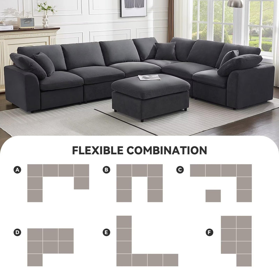 Siiejia Modular Sectional Sofa Modern Oversized Cloud Couch with Movable Ottoman 7 Seater L-Shaped Sofas Comfy Couches for Living Room Spacious Space Office Lounge, Beige