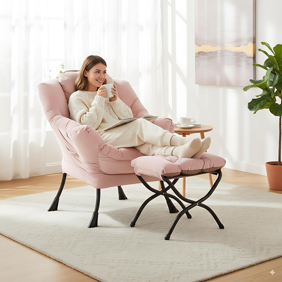 LITA Lazy Chair with Ottoman, Modern Accent Leisure Upholstered Lazy Sofa Armchair, Contemporary Lounge Reading Chair with Armrests and a Side Pocket for Living Room, Bedroom & Small Space, Dark Grey