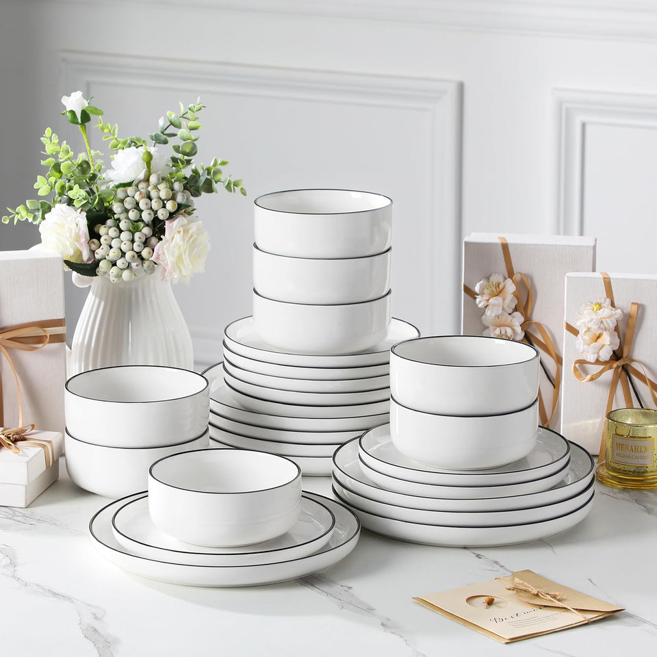 MALACASA Plates and Bowls Sets, 24 Pieces Modern Porcelain Dinnerware Set for 6 Ceramic Dishware Dishes White Kitchen Dinner Dining Ware Set wtih Black Rim Microwave and Dishwasher Safe, Series LUNA