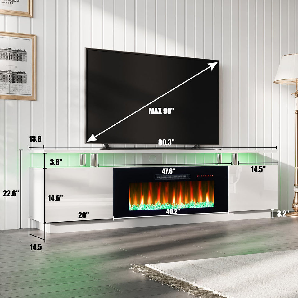 AMERLIFE Fireplace TV Stand with 36" Fireplace, 70" Modern High Gloss Fireplace Entertainment Center LED Lights, 2 Tier TV Console Cabinet for TVs Up to 80", Obsidian Black