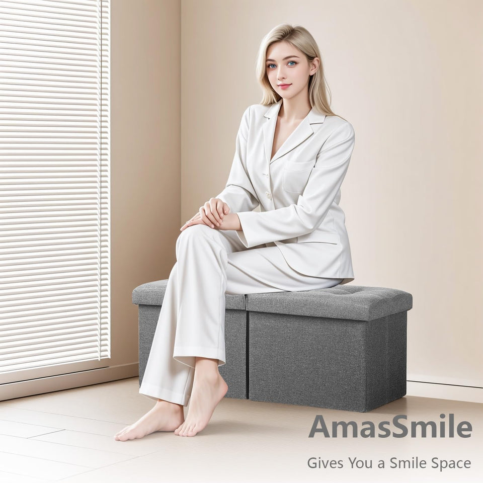 AmasSmile Footrest Ottoman Bench with Storage,34Inch Black Leather Footstool, Coffee Table, Padded Seat, Storage Chest,Blanket Store with Flipping Lid for Livingroom and Bedroom