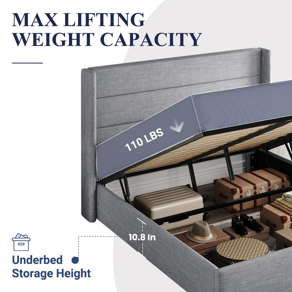 Allewie King Size Lift Up Storage Bed, Modern Wingback Headboard, Hydraulic Support, No Box Spring Needed, Light Beige