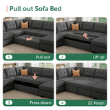 HONBAY Sectional Sleeper Sofa Pull Out Bed with Storage Chaise, Sectional Sofa Couch, Sleeper Couch Bed for Living Room, Dark Grey