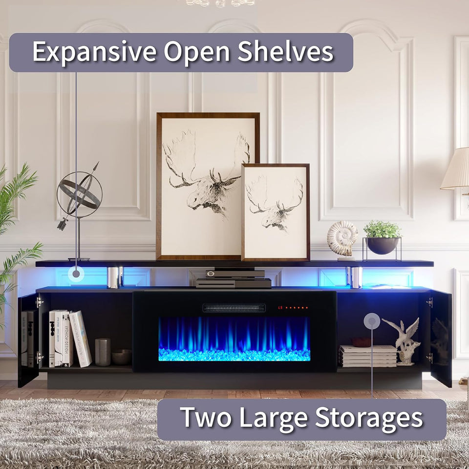 AMERLIFE Fireplace TV Stand with 36" Fireplace, 70" Modern High Gloss Fireplace Entertainment Center LED Lights, 2 Tier TV Console Cabinet for TVs Up to 80", Obsidian Black