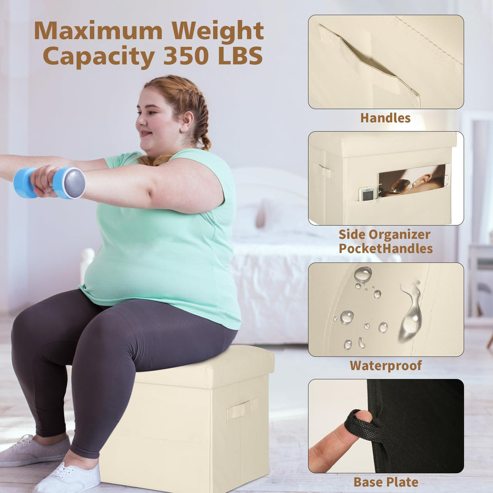 Storage Ottoman Foot Rest Stool, Foldable Leather Footstool Storage Bench with Thicker Foam Padded Seat. Foot Rest Under Desk for Living Room Bedroom 350 lbs, 17x13x13 in, Brown