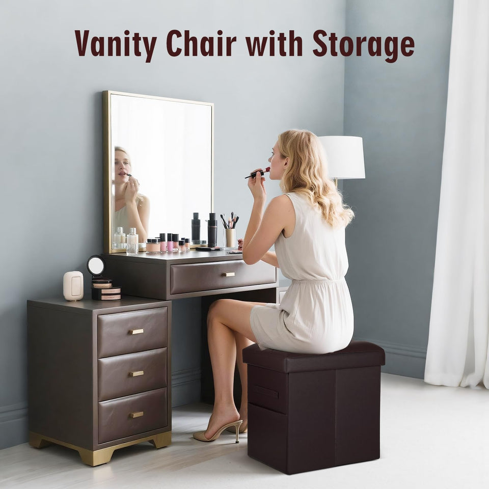 Storage Ottoman Foot Rest Stool, Foldable Leather Footstool Storage Bench with Thicker Foam Padded Seat. Foot Rest Under Desk for Living Room Bedroom 350 lbs, 17x13x13 in, Brown