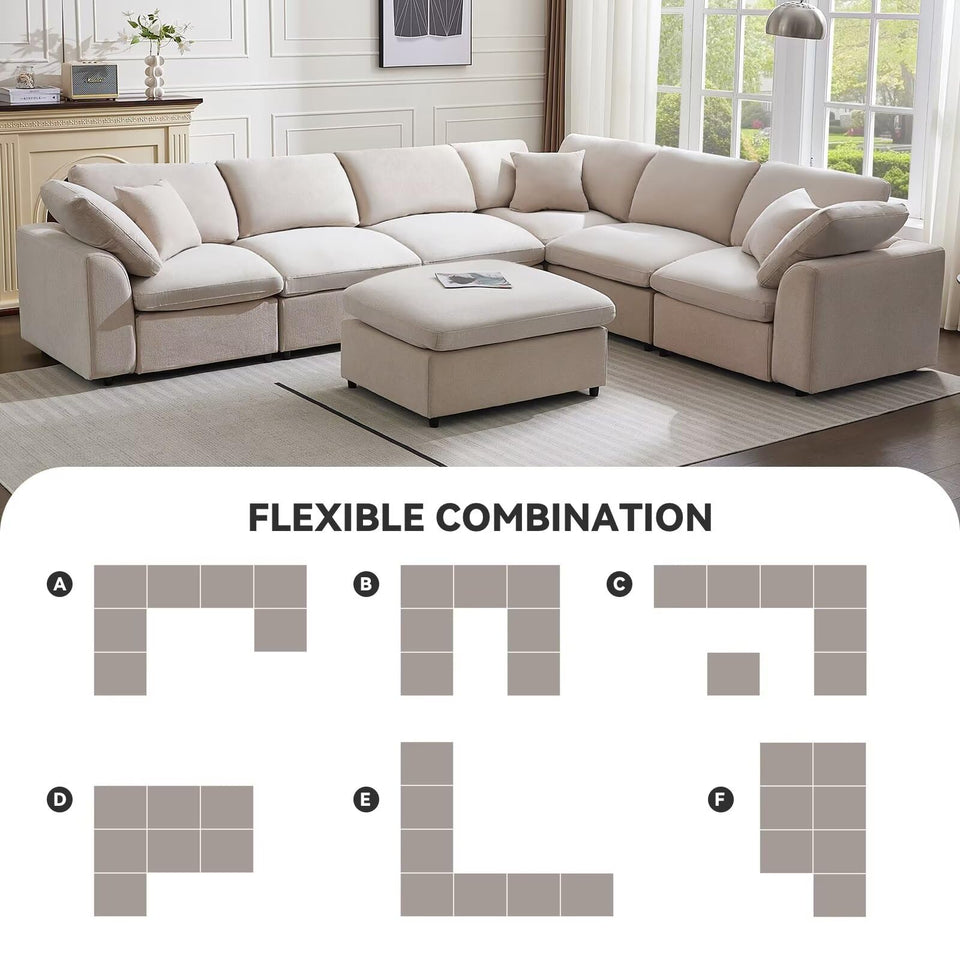 Siiejia Modular Sectional Sofa Modern Oversized Cloud Couch with Movable Ottoman 7 Seater L-Shaped Sofas Comfy Couches for Living Room Spacious Space Office Lounge, Beige