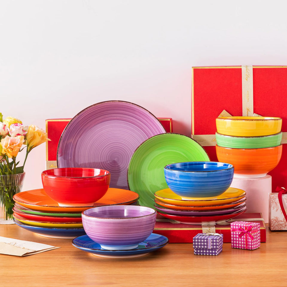 vancasso Bonita Dinnerware Set 24 Pieces Blue Stoneware Service for 6, Handpainted Spirals Pattern Stoneware Combination Set