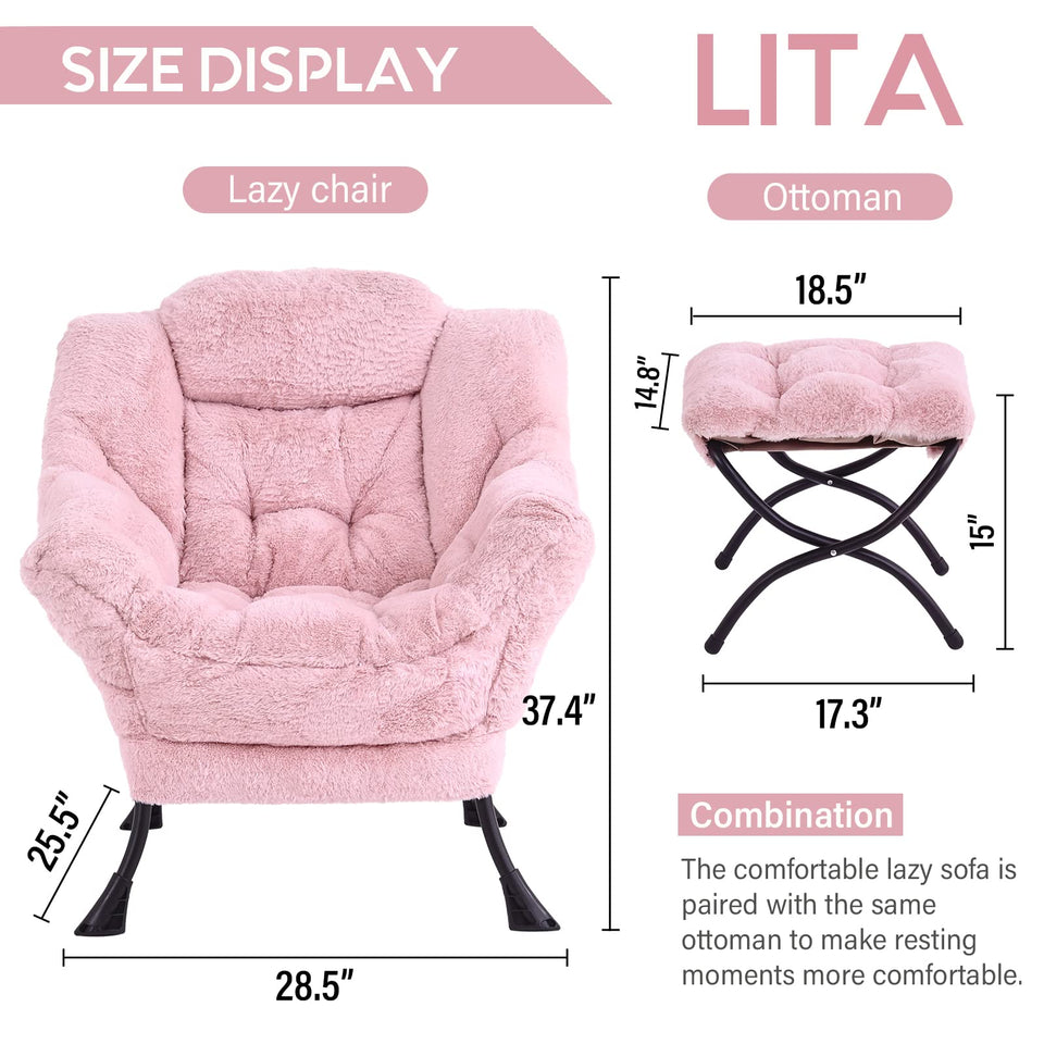 LITA Lazy Chair with Ottoman, Modern Accent Leisure Upholstered Lazy Sofa Armchair, Contemporary Lounge Reading Chair with Armrests and a Side Pocket for Living Room, Bedroom & Small Space, Dark Grey