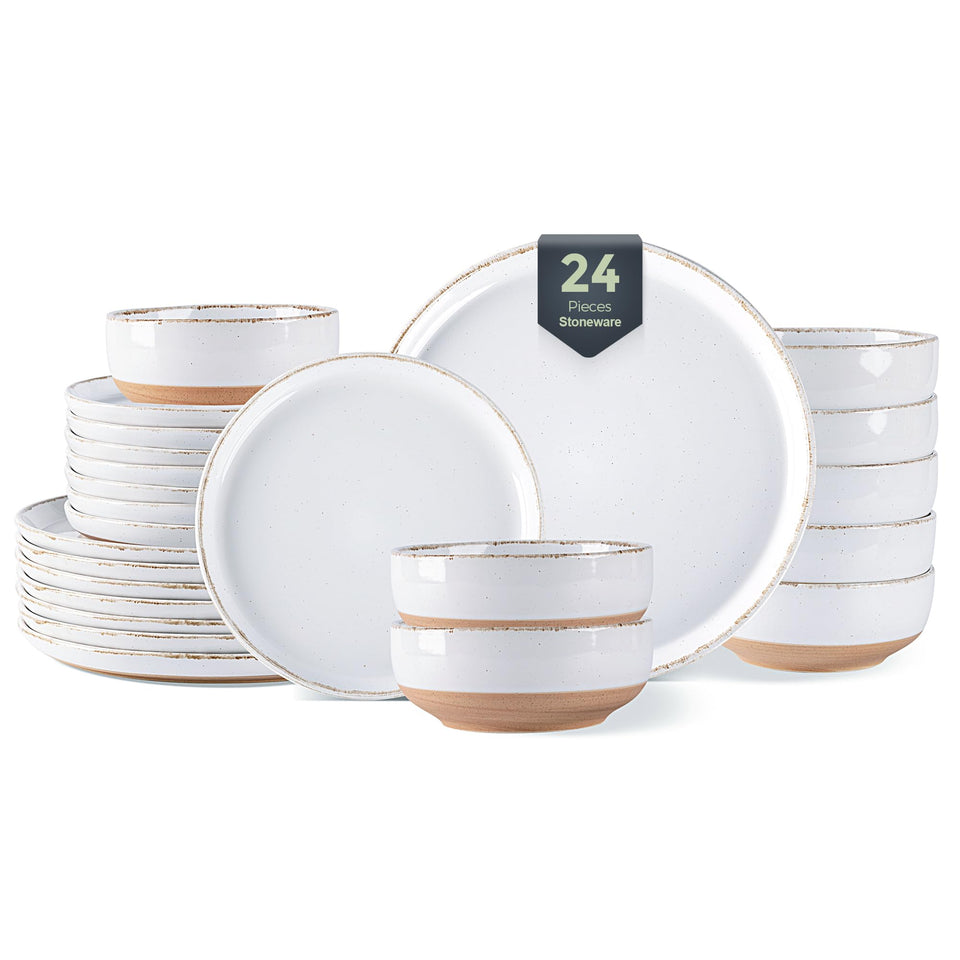 AmorArc Ceramic Dinnerware Sets for 8, 24 Pieces Handpainted Plates and Bowls Set with Rustic Terracotta Underside, Scratch Resistant Stoneware Dishes Set, Dishwasher & Microwave Safe, Light Beige