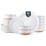 AmorArc Ceramic Dinnerware Sets for 8, 24 Pieces Handpainted Plates and Bowls Set with Rustic Terracotta Underside, Scratch Resistant Stoneware Dishes Set, Dishwasher & Microwave Safe, Light Beige