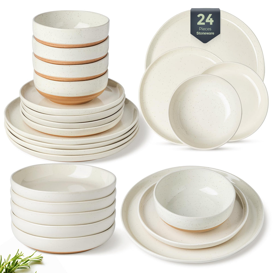 AmorArc Ceramic Dinnerware Sets for 8, 24 Pieces Handpainted Plates and Bowls Set with Rustic Terracotta Underside, Scratch Resistant Stoneware Dishes Set, Dishwasher & Microwave Safe, Light Beige