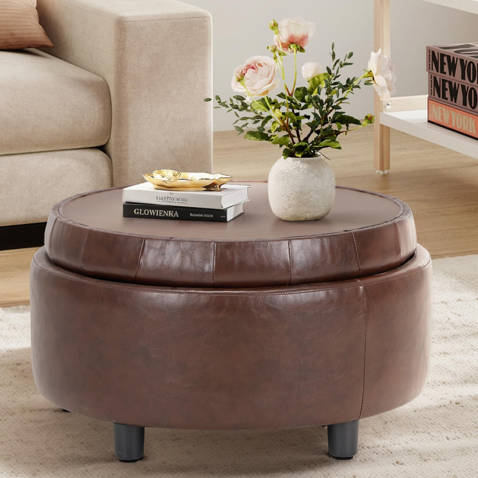 COLAMY Fabric Round Storage Ottoman with Reversible Tray Lid – Multi-Functional Footrest, Hidden Storage, Sturdy & Stylish Small Coffee Table for Living Room, Bedroom, or Entryway(Beige)