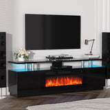 KOKEBREN 70'' Fireplace TV Stand, Entertainment Center with 36'' Firplace, 2 Tier TV Console Cabinet with Storage Cabinet, Electric Fireplace Heater with LED Light and 12 Flame Colors, Black
