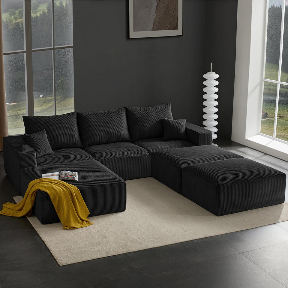 Boneless Sectional Cloud Couch Sofa for Living Room, 112" U-Shaped Modular Modern Lounge Sleeper Black Couches with Chaise, No Assemble, Cordury Compression Upholstered Sofas